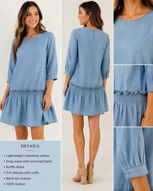 Tweed Chambray Cotton Dress Drop Waist Smocked Tiered Blue Small